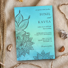 Invitación de boda india con henna de acuarela azu