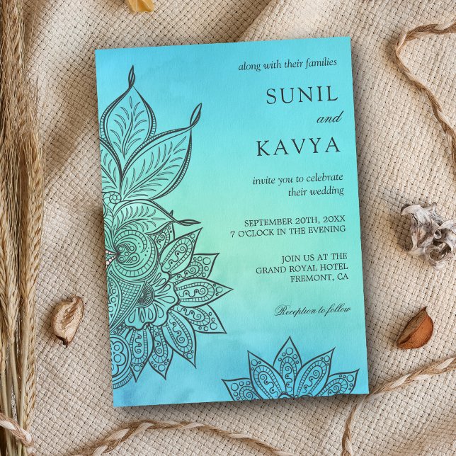 Invitación de boda india con henna de acuarela azu (Subido por el creador)