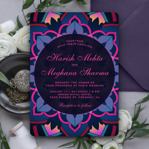 Invitación de boda india con mandala floral azul r