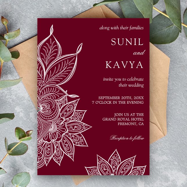 Invitación de Boda India con Mehendi Henna Borgoña (Subido por el creador)
