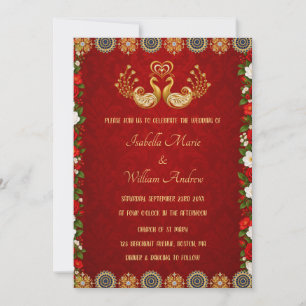 Invitación de boda india con patrón dorado rojo el