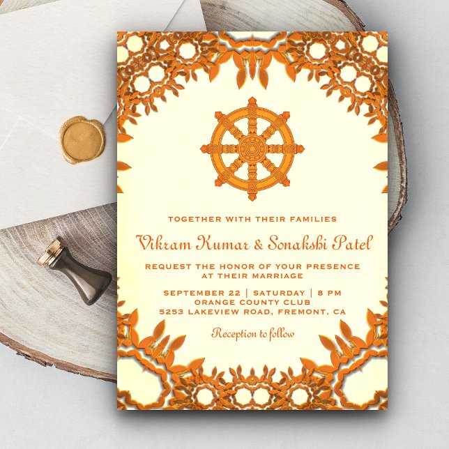 Invitación de boda india con rueda de Dharma ornam (Subido por el creador)