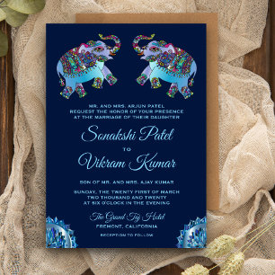 Invitación de boda india de elefantes étnicos azul