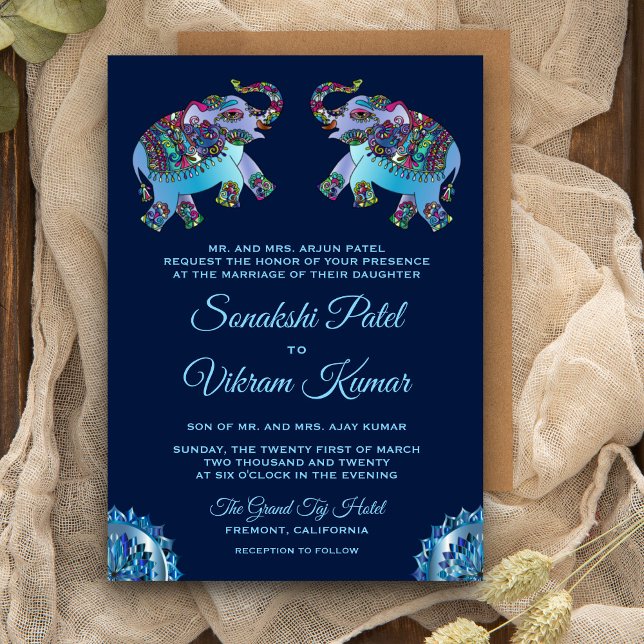 Invitación de boda india de elefantes étnicos azul (Subido por el creador)