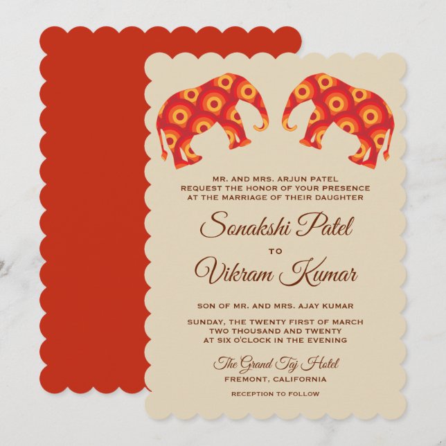 Invitación de boda india de elefantes naranjas ele (Anverso / Reverso)