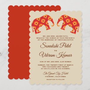 Invitación de boda india de elefantes naranjas ele