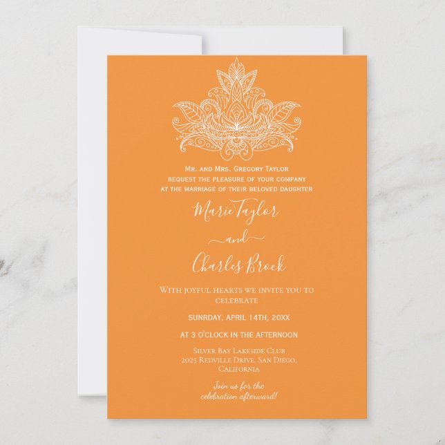 Invitación de boda india de naranja paisley (Anverso)