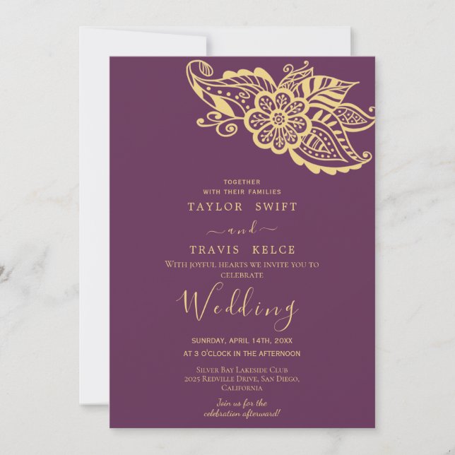 Invitación de boda india de paisley dorado (Anverso)