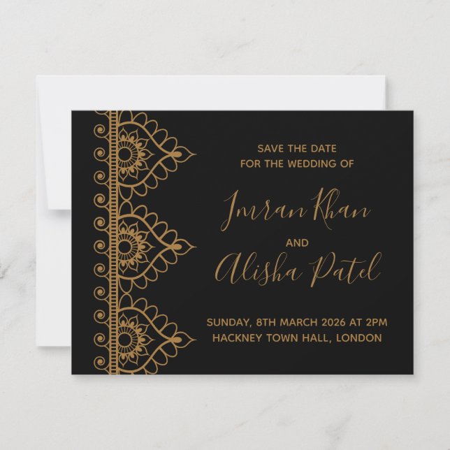 Invitación de Boda India Desi con Henna Dorada (Anverso)