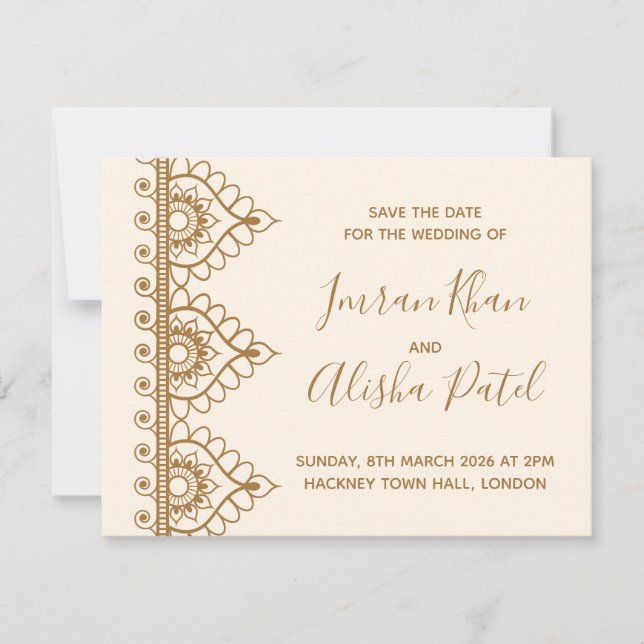 Invitación de boda india desi con henna dorada cre (Anverso)