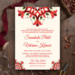 Invitación de boda india elegante mandala roja
