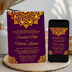 Invitación de boda india Mandala Modern Plum Gold