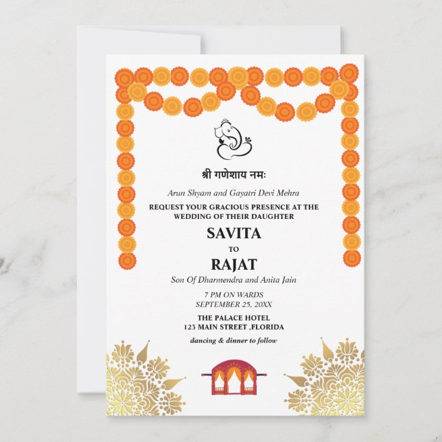Invitación de boda india moderna única  (Anverso)