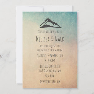 Invitación de boda informal con montaña y rayos de