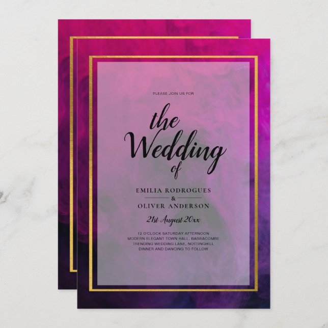 InVITACIÓN DE Boda Intensa Magenta Pluma Púrpura (Anverso / Reverso)