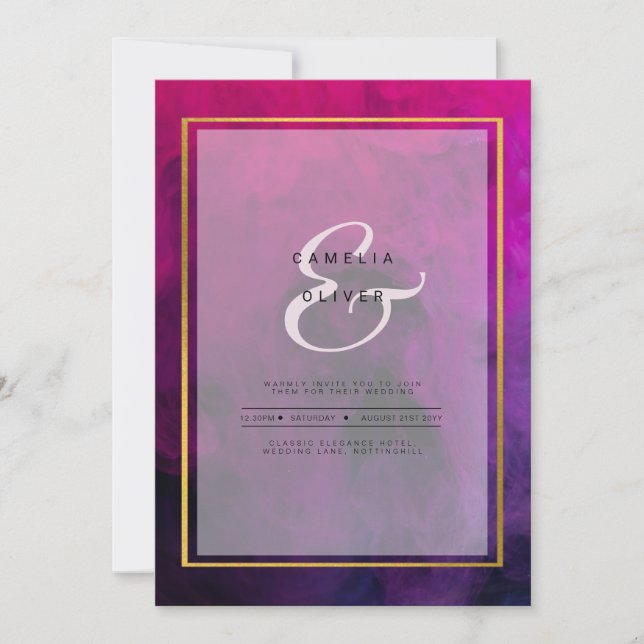 InVITACIÓN DE Boda Intensa Magenta Pluma Púrpura (Anverso)