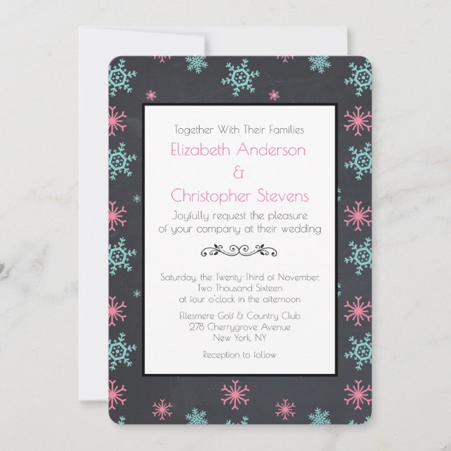Invitación de boda invernal con copos de nieve en  (Anverso)