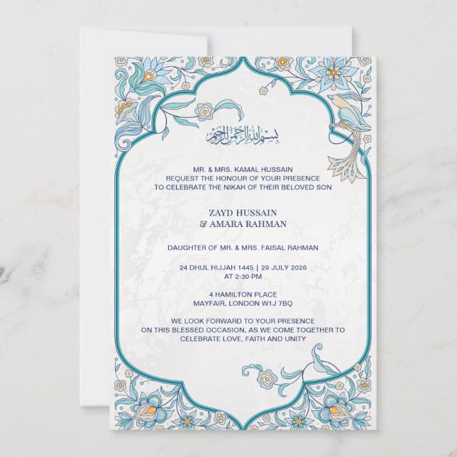 Invitación de Boda Islámica | Arabesco Floral (Anverso)