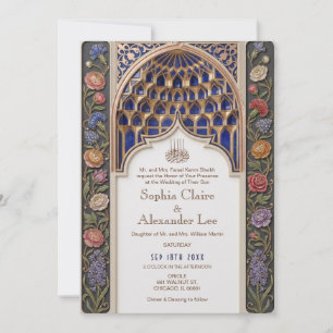 Invitación de boda islámica azul polvoriento y dor