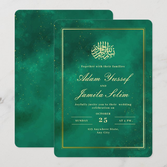 Invitación de boda islámica, boda de esmeralda ver (Anverso / Reverso)