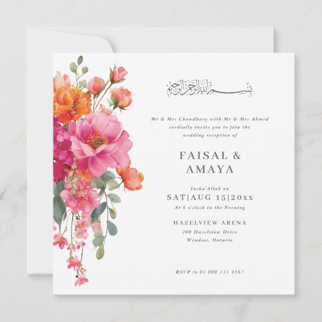 Invitación de boda islámica con flores en acuarela (Anverso)