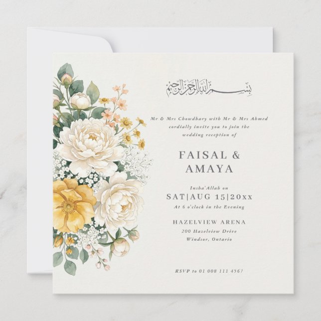 Invitación de boda islámica con flores en acuarela (Anverso)