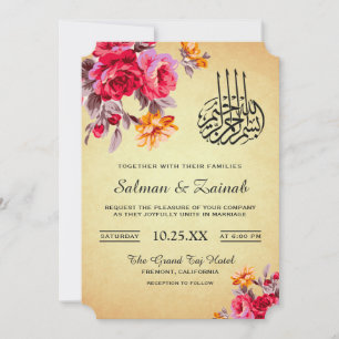 Invitación de boda islámica con ramo floral vintag