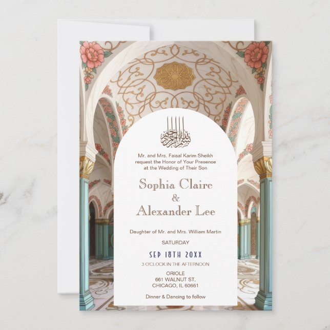 Invitación de boda islámica de lujo con arco flora (Anverso)
