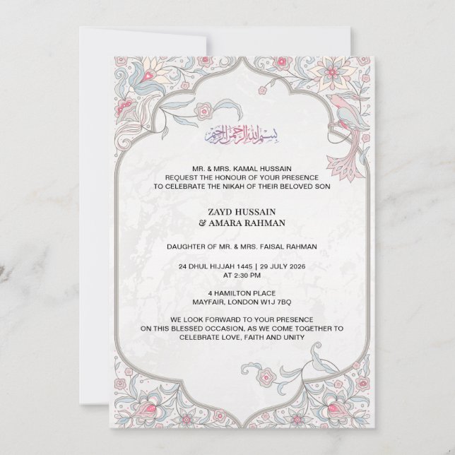 Invitación de boda islámica Floral Arabesco, Blanc (Anverso)