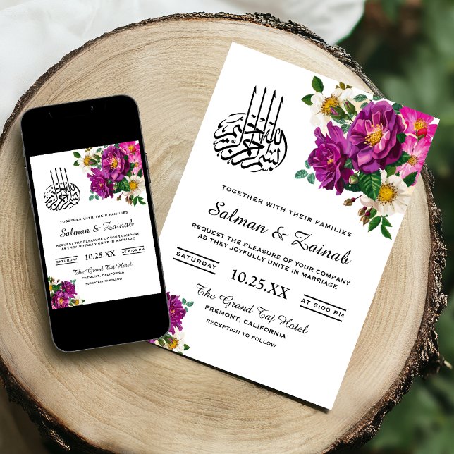 Invitación de boda islámica floral morada moderna (Subido por el creador)