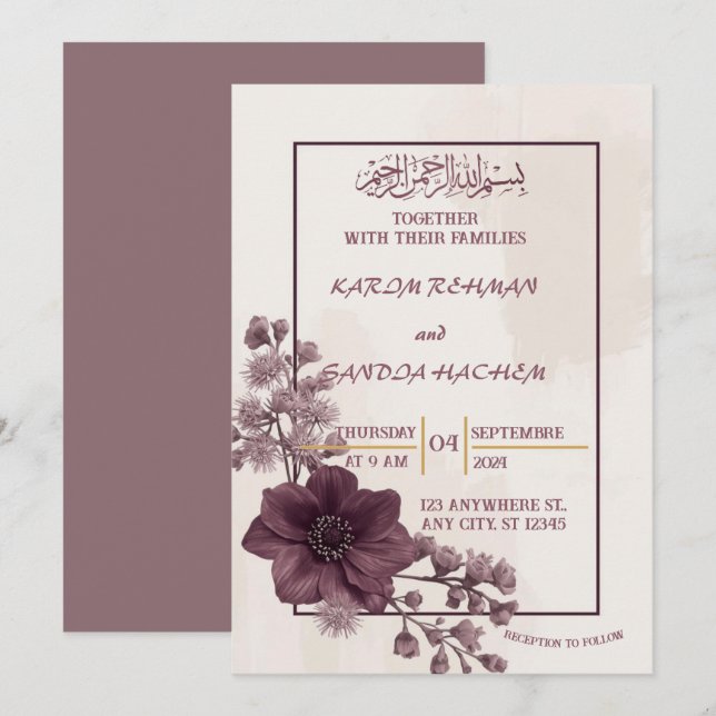 Invitación de boda islámica Nikah azul real (Anverso / Reverso)