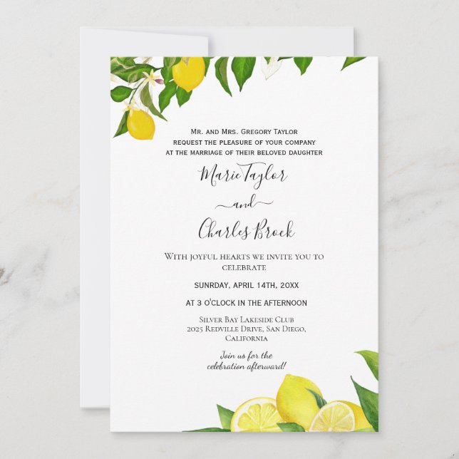 Invitación de boda Jardín de Limones (Anverso)