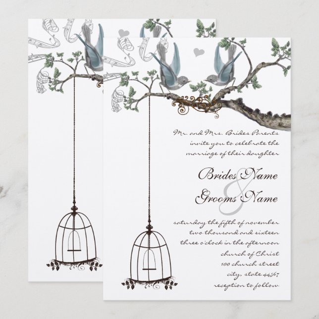 Invitación de boda jaula de pájaro azul rústico (Anverso / Reverso)