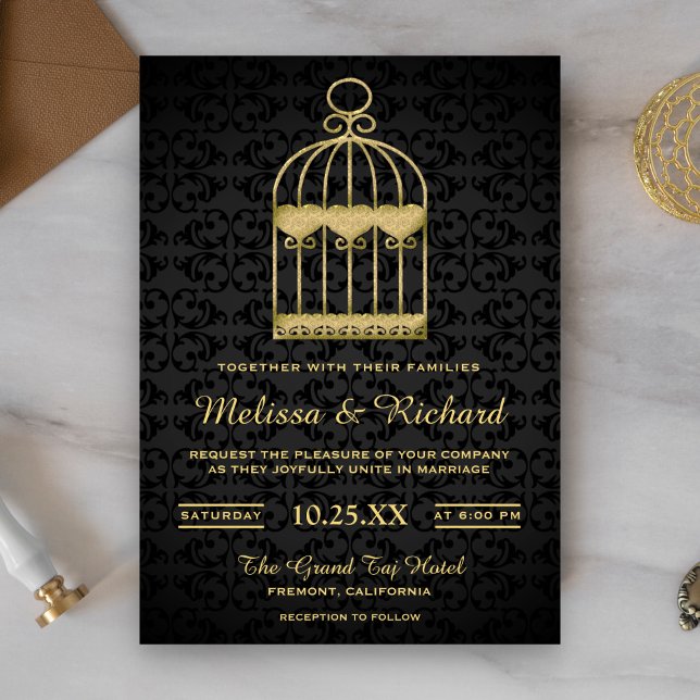Invitación de boda Jaula de Pájaros Dorada Shabby  (Subido por el creador)
