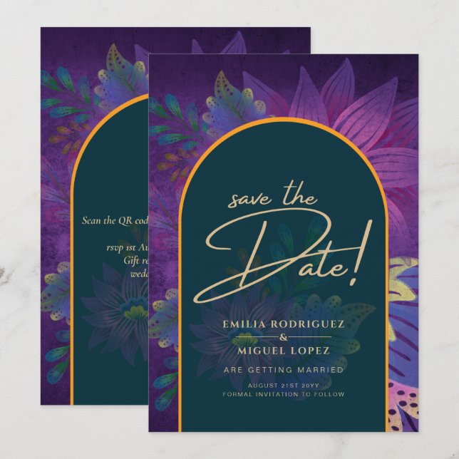 INVITACIÓN de BODA JEWEL TONES LeahG Verde Púrpura (Anverso / Reverso)