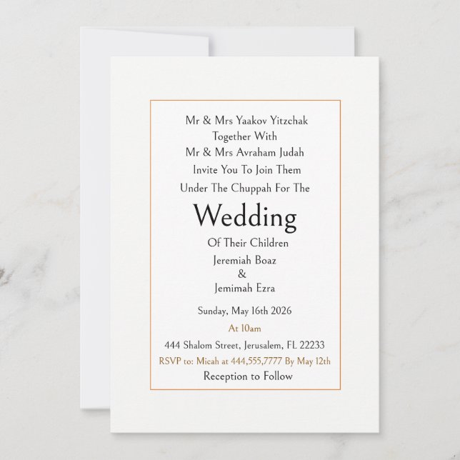 Invitación de boda judía tradicional moderna simpl (Anverso)