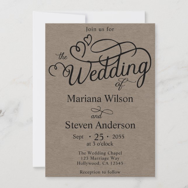 Invitación de boda Kraft Brown Simple Chic Script (Anverso)