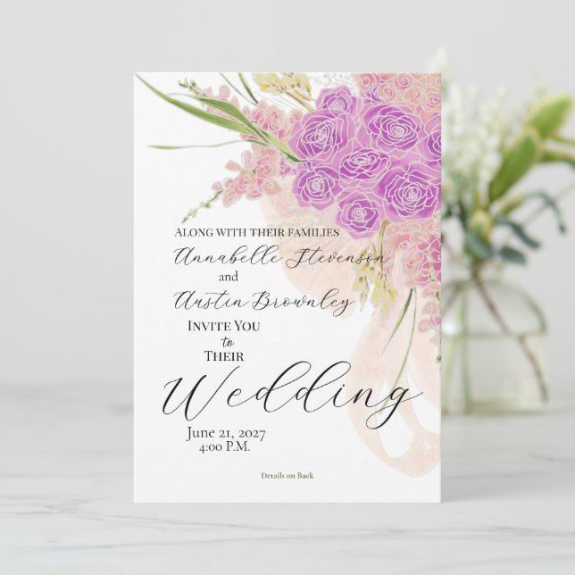 Invitación de boda La Boca Rosa con bouquet de laz (Anverso de pie)