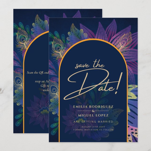 INVITACIÓN de boda LeahG Navy Púrpura Dorado TONOS (Anverso / Reverso)