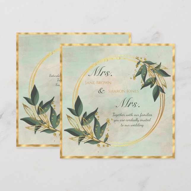 Invitación de Boda Lesbiana con Acuarela de Verdor (Anverso / Reverso)