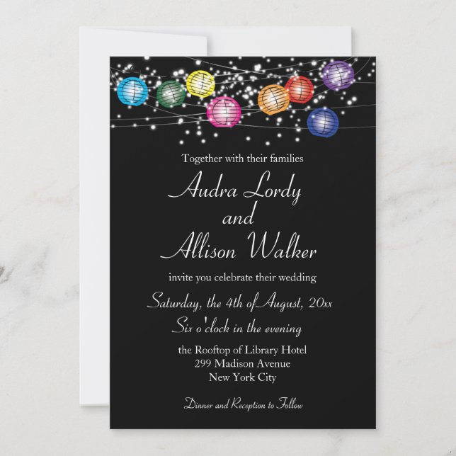 Invitación de boda lésbica gay Luces de Lanterna A (Anverso)