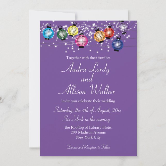 Invitación de boda lésbica gay Luces de Lanterna A (Anverso)