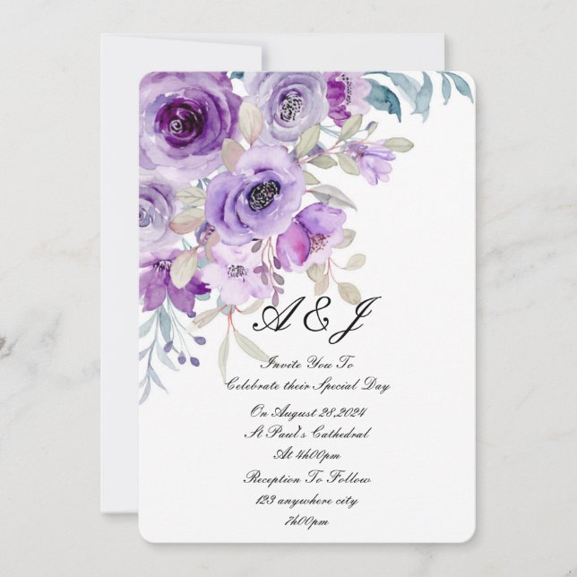 invitación de boda lila morada bonita (Anverso)