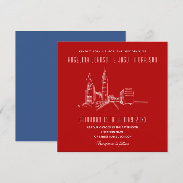 Invitación de boda Londres Azul Rojo (Anverso / Reverso)