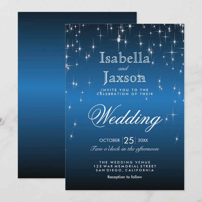 Invitación de Boda Luces de Estrella Azul Elegante (Anverso / Reverso)