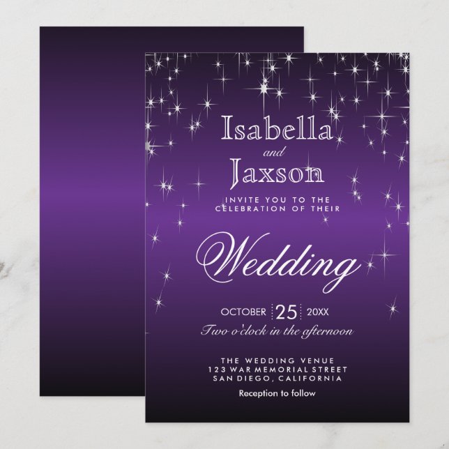 Invitación de Boda Luces de Estrella Moradas Elega (Anverso / Reverso)