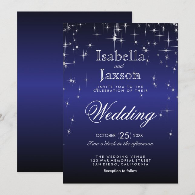 Invitación de Boda Luces de Estrellas Azul Oscuro  (Anverso / Reverso)