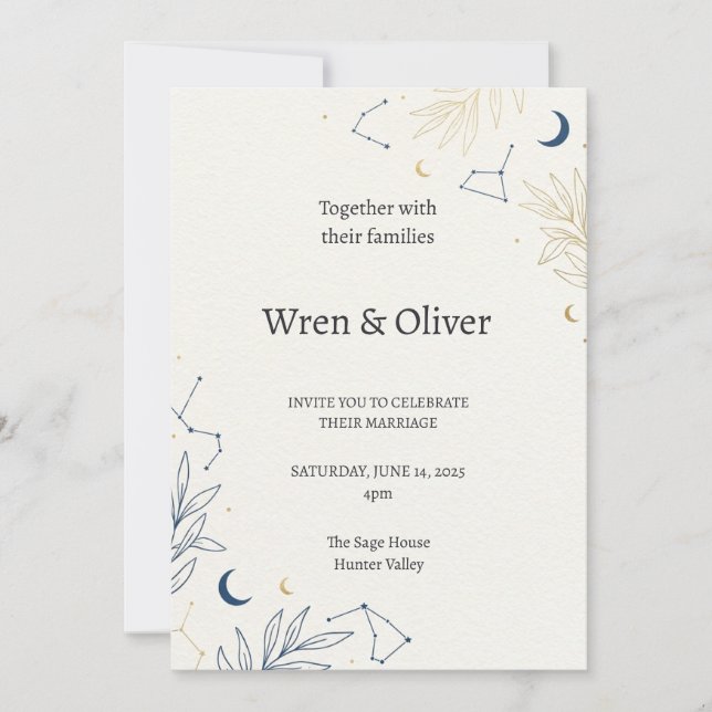 Invitación de Boda Luna Estrellas Celestiales (Anverso)