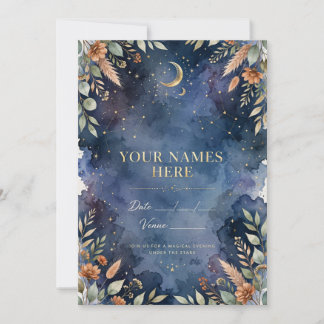 Invitación de boda Luna y Estrellas Azul Celestial