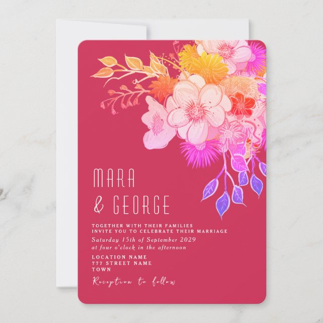 Invitación de Boda Magenta Floral Brillante (Anverso)